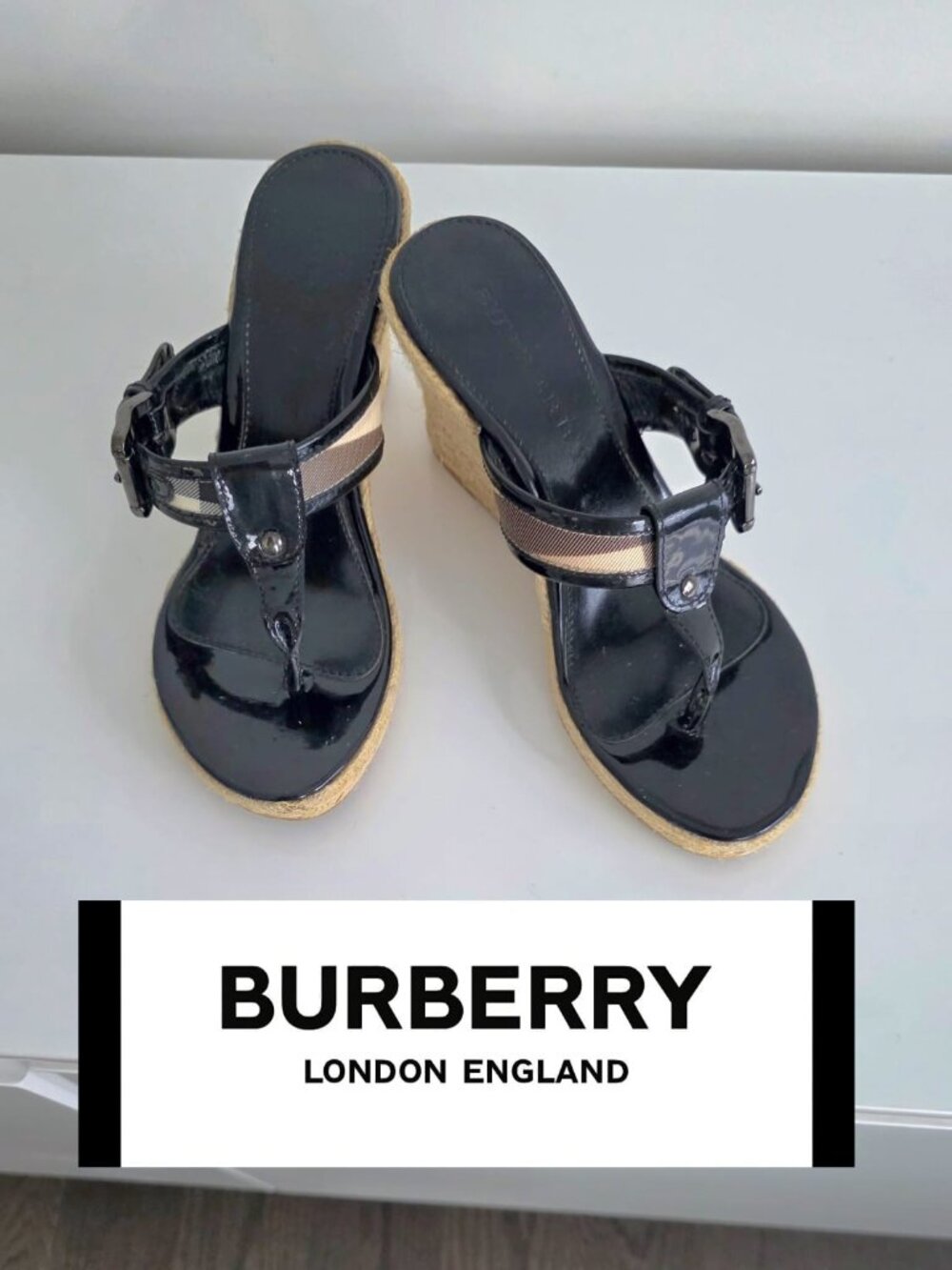 BURBERRY Nova Check patent leather espadrille wedge sandals